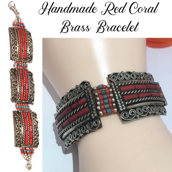 Red Coral Handmade Vintage Brass Turkish Bracelet - Picture 1 of 3